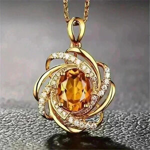 Elegant Topaz/White Rhinestones in Sunflower Pendant, 16” Necklace, Gold-Plated